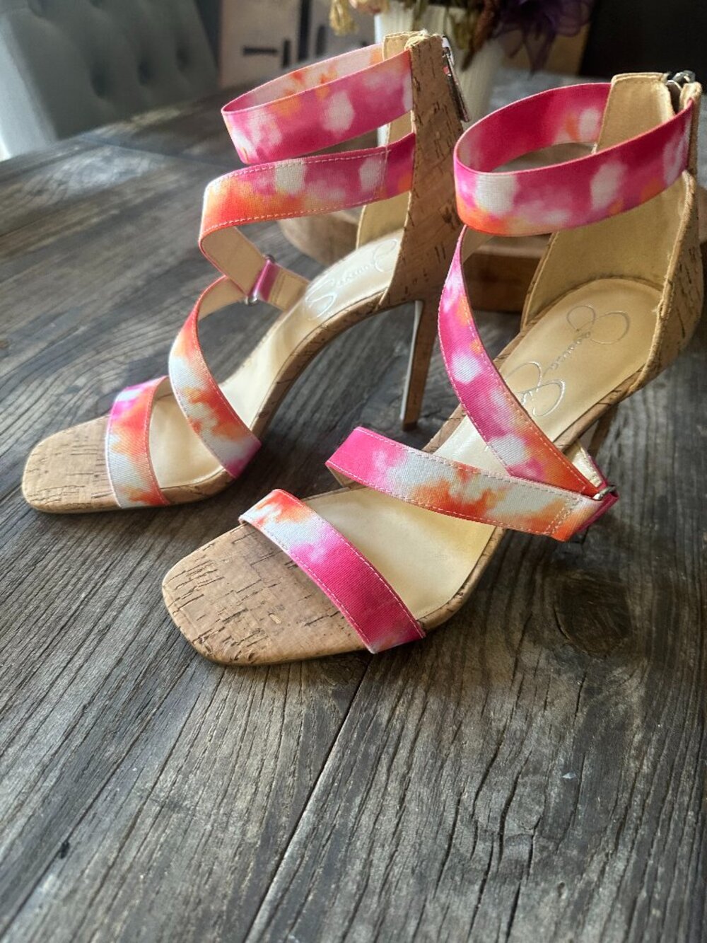 Jessica Simpson NWT Pink Coral Tie-Dye Strappy Cork Heels Sandals Sz 7 w/ Box